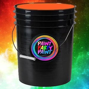 May include: A black plastic bucket with a white handle and a round orange lid. The bucket has a sticker on the side that says "Paint Party Paint" in rainbow letters.