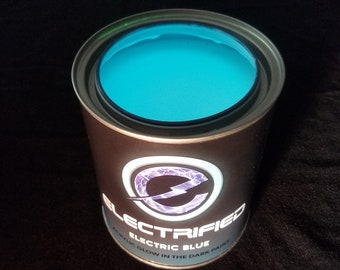 May include: A can of Electric Blue glow-in-the-dark acrylic paint. The can is black with a white logo that says "Electrified" and "Electric Blue Glow in the Dark Paint".