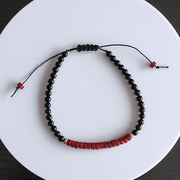 bracelet cordon réglable gemmes pierres naturelles heishi onyx jaspe rouge - idée cadeau homme femme