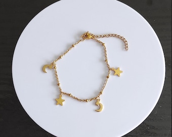 bijou bracelet minimaliste réglable chaîne fine satellite breloques lune étoile acier inoxydable doré  - idée cadeau femme fille