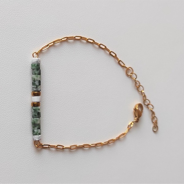 bijou bracelet femme pierre naturelle perles heishi 4mm  jaspe verte howlite chaine acier inoxydable doré
