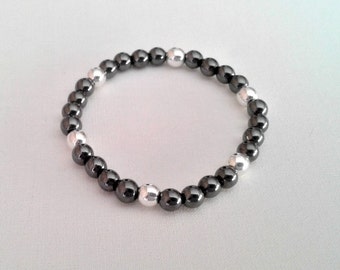 Jewel bracelet elastic pearls stone hematite black and silver - gift idea man woman