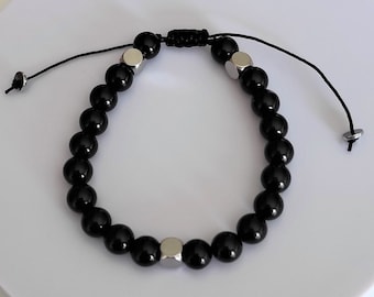 adjustable cord bracelet gems natural stones black onyx and stainless steel beads 8 mm Christmas gift for men