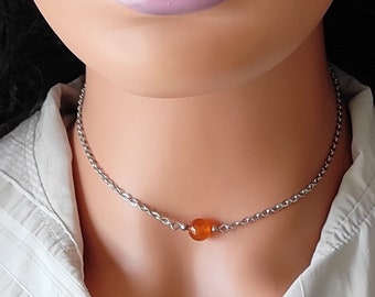 collier ras de cou perle pierre cornaline 8mm chaine acier inoxydable  - idée cadeau femme