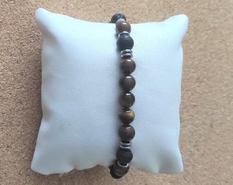 bracelet élastique pierres naturelles oeil de tigre pierre de lave 8 mm longueur au choix - idée cadeau  homme