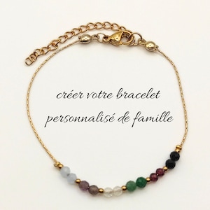 Peut inclure: Un bracelet doré délicat orné de perles de pierres précieuses colorées. Le bracelet comprend un fermoir et une chaîne d'extension. Le texte sur l'image est "créer votre bracelet personnalisé de famille".