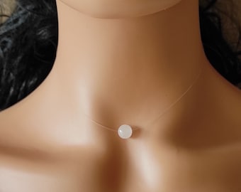 Choker necklace with transparent nylon thread, natural rose quartz bead (8mm), customizable length, stainless steel clasp - women's gift