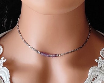 choker necklace amethyst stones 4mm stainless steel chain - women's gift idea