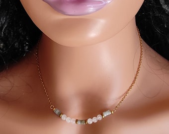collier ras de cou perle pierre labradorite quartz rose 4mm chaine acier inoxydable doré - idée cadeau femme