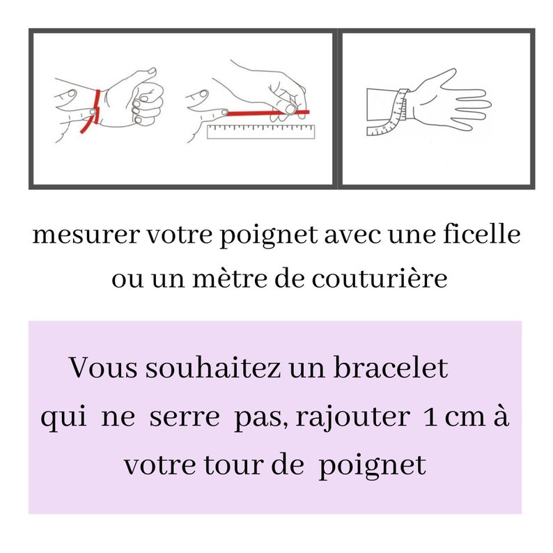 May include: Diagram illustrating how to measure a wrist for a bracelet. The image shows how to measure the wrist with a string or measuring tape. Text advises adding 1 cm to the wrist measurement for a comfortable fit.