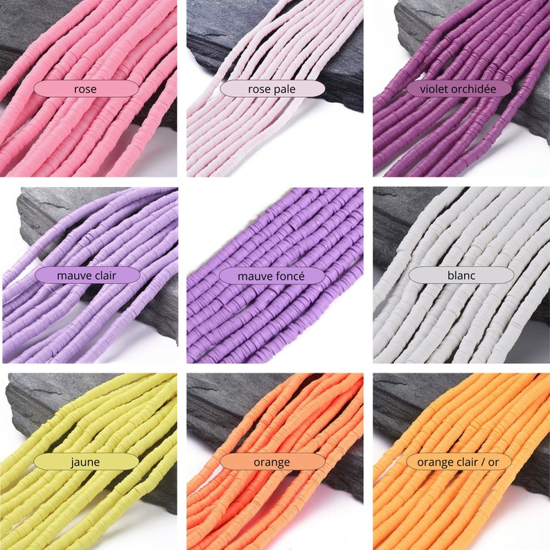 May include: A collection of colorful, flat polymer clay beads in various shades. Colors include rose, pale rose, violet, light mauve, dark mauve, white, yellow, orange, and light orange. Each color is labeled with its name.