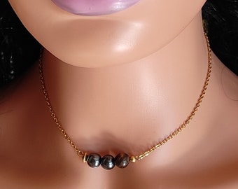 collier ras de cou perles pierre hématite oeil de tigre 8mm chaine acier inoxydable doré - idée cadeau femme