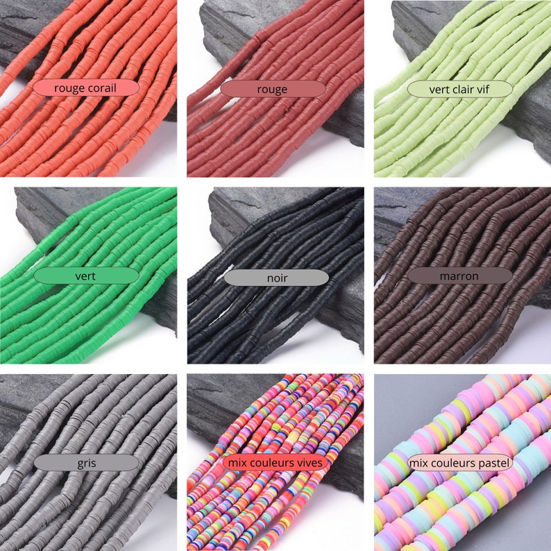 May include: A collection of colorful, flat disc beads in various shades, including coral, red, light green, green, black, brown, and gray. The image also shows beads in vibrant and pastel mixed colors. The text labels each color.