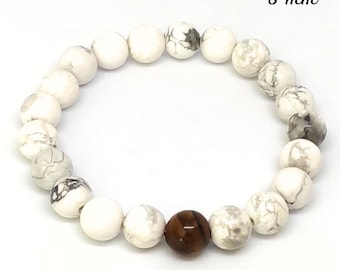 bracelet natural white howlite tiger eye beads 8 mm sizes of your choice - gift idea for men and women