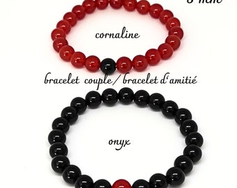 duo de bracelets distance pour couple bracelet d'amitié perles pierres naturelles onyx et cornaline 8 mm tailles au choix