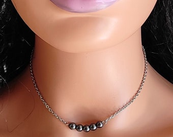 choker necklace hematite stone beads 6mm stainless steel chain - women's gift idea