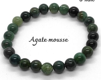 bracelet agate mousse 8mm perles pierre naturelle  tailles au choix - idée cadeau homme femme