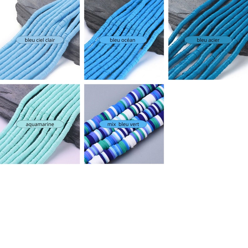 May include: Close-up of several strands of colorful, flat polymer clay beads. The beads are in various shades of blue, including light blue, ocean blue, steel blue, aquamarine, and a mix of blue and green. Text labels identify each color.