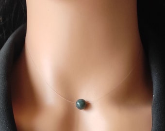 collier ras cou fil nylon transparent perle pierre naturelle 8mm agate mousse longueur au choix fermoir acier inoxydable - idée cadeau femme