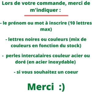 May include: White background with green text in French. The text includes instructions for an order, asking for a name or word (up to 10 letters), black or colored letters, steel or gold beads, and if a heart is desired. The word "Merci" is at the bottom.