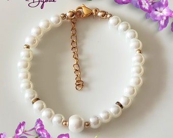 white pearl bracelet 6mm pearly glass and gold stainless steel beads - gift idea for women, Mother's Day, bride