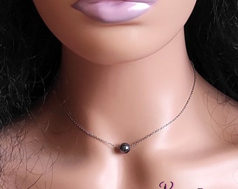 collier chaine fine acier inoxydable perle pierre naturelle 8mm hématite  - idée cadeau femme