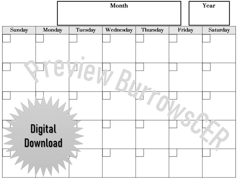 blank calendar page template digital download instant etsy