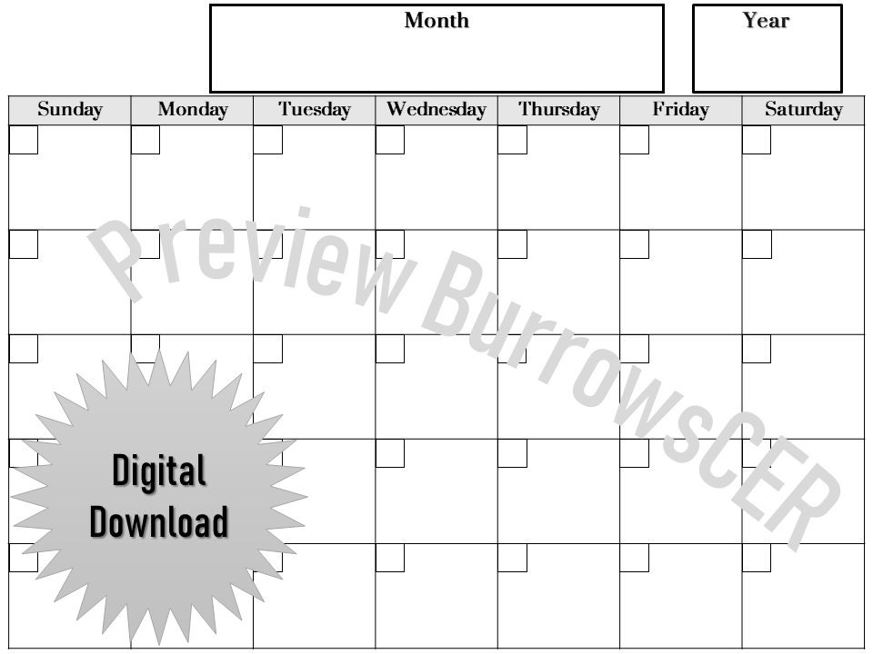 Blank Calendar Page Template, Digital Download, Instant Download