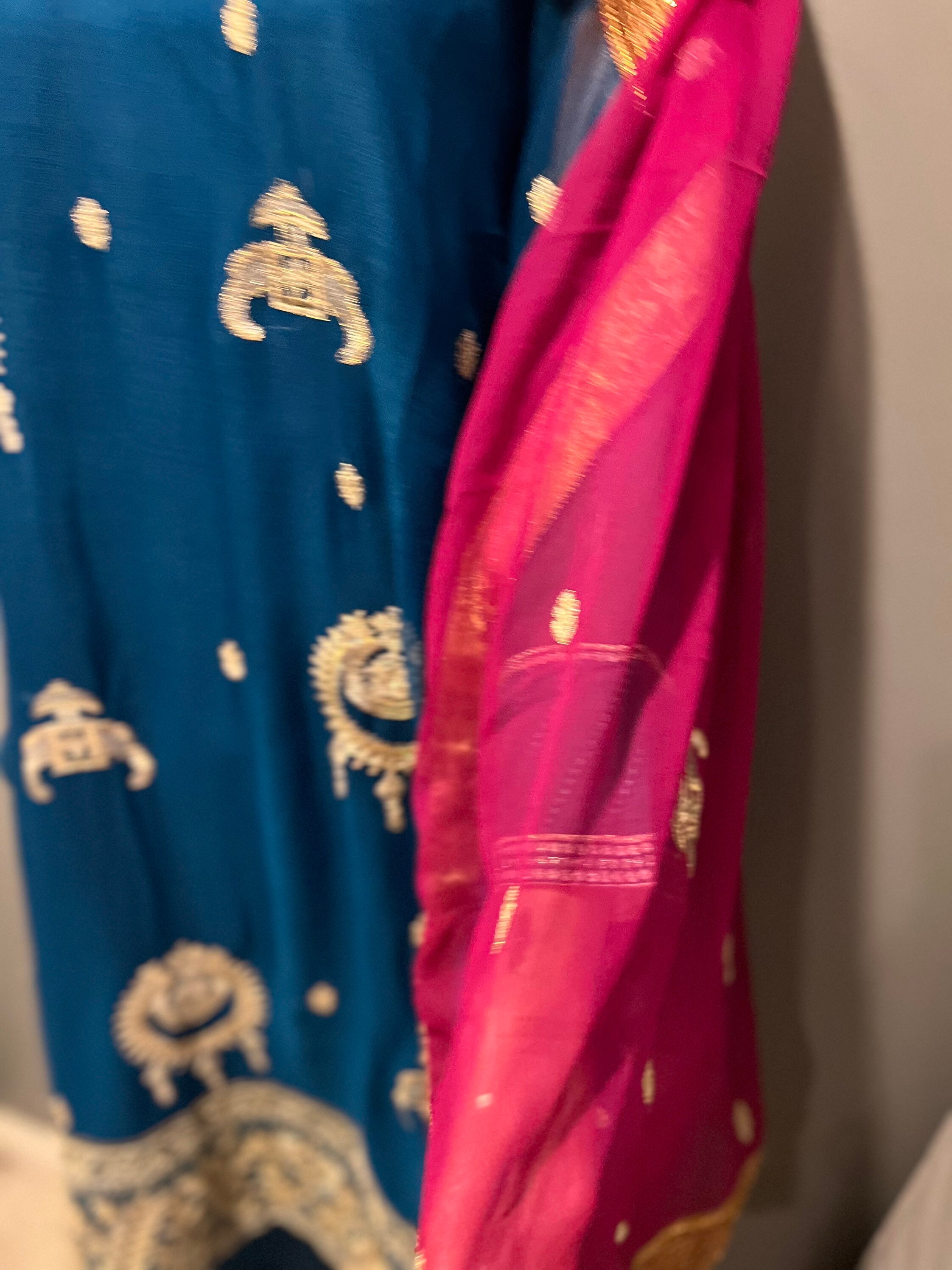 Royal blue and shocking pink Pakistani dress in chiffon with silk palazzo.