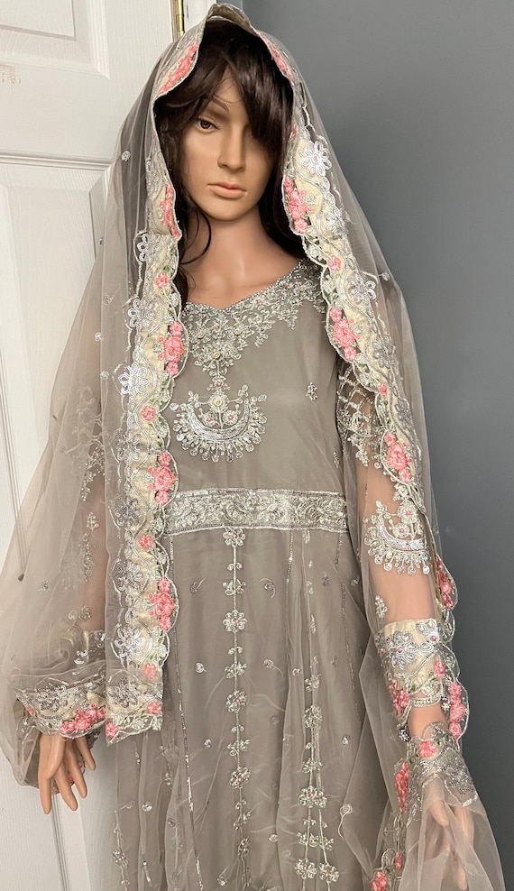 silver anarkali dress Embroidered Anarkali Dress: Silver & Pink Pishwas Party Gown