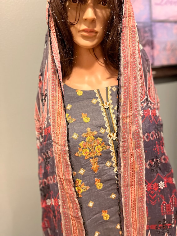 Charcoal Grey Pakistani/indian Cotton Dress With Embroidery and Chiffon  Dupatta. - Etsy Canada