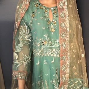 Full length embroidered party/bridal dress in pastel colors.(sea green and light peach)