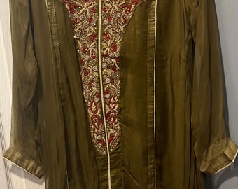 Embroidered Chiffon Pakistani Dress: Mehndi Green, Red Embroidery