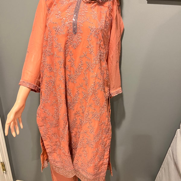 Chiffon embroidered Pakistani/Indian dresses in 3 colors available. rustic orange, light brown and lavender pink.