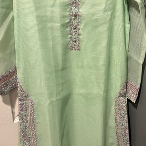 Khaadi Kurti: Light Sea Green Long Tunic with Lilac Embroidery