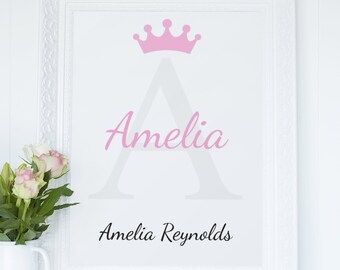Personalised Nursery Name Initial Print Wall Art Crown Baby Kids Children Poster Gift