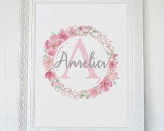 Personalised Pink Floral Name Nursery Print Bedroom Wall Art Gift Baby Girl