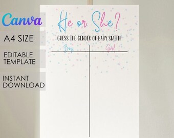 Guess The Gender Confetti Design Game Editable Digital Download Canva Template A4 Baby Shower Gender Reveal Boy Or Girl Party Game #001