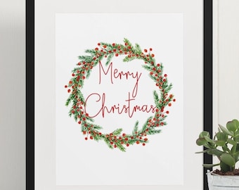 Merry Christmas Wreath Print A4 A5 Holly Wreath Floral Design