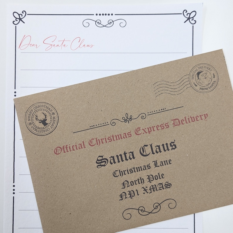 Letter To Santa with Brown Envelope with Santa's address printed on the front.