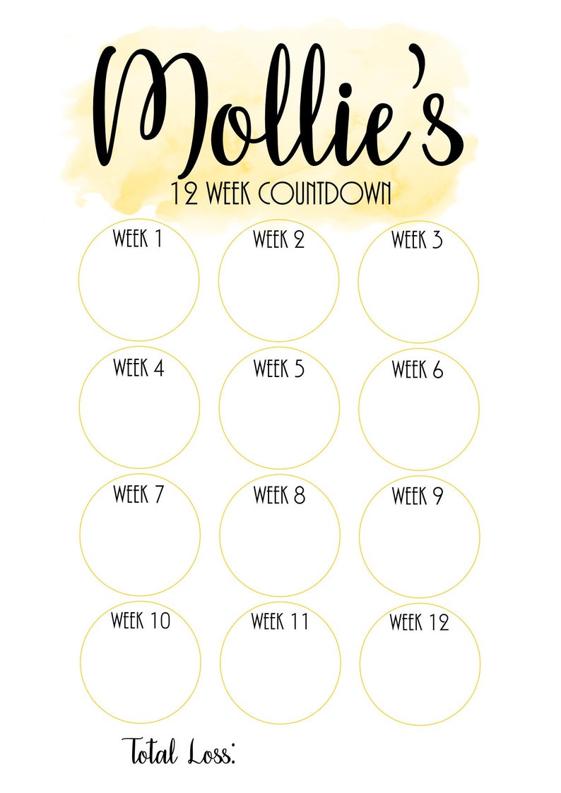 May include: A printable 12-week countdown chart with a yellow watercolour background and black text. The chart is titled "Mollie's 12 Week Countdown" and has 12 circles labelled "Week 1" through "Week 12". There is a line at the bottom that says "Total Loss:"