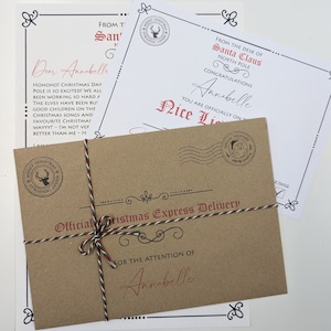 Letter From Santa personalised with childs name and any achievements specified. Nice List Certificate from Santa with childs name printed on.
Brown Envelope with childs name printed on the front