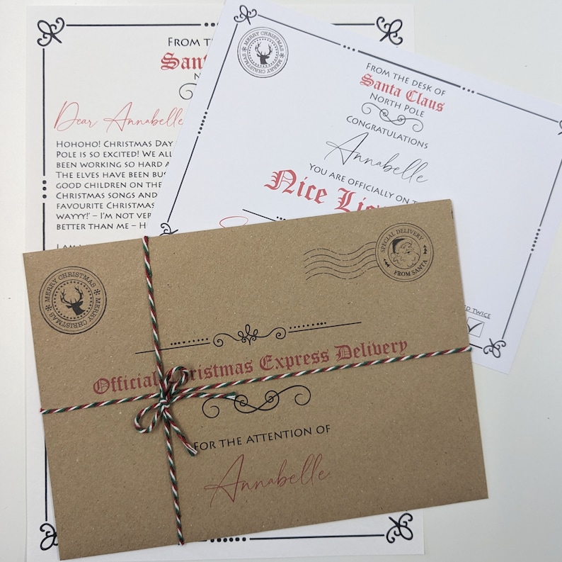 Letter From Santa personalised with childs name and any achievements specified. Nice List Certificate from Santa with childs name printed on.
Brown Envelope with childs name printed on the front