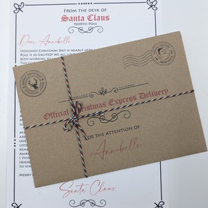 Letter From Santa personalised with childs name and any achievements specified with Brown Envelope with childs name printed on the front