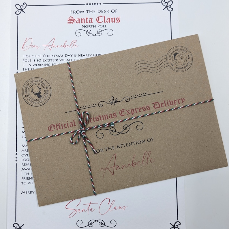 Letter From Santa personalised with childs name and any achievements specified with Brown Envelope with childs name printed on the front
