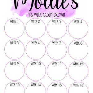 May include: A printable 16-week countdown chart with circles for each week, labelled "Week 1" through "Week 16". The chart is titled "Mollie's 16 Week Countdown" and includes the text "Total Loss:" at the bottom.