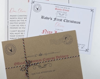 May include: A brown kraft paper envelope tied with red, green, and white twine, labeled Official Christmas Express Delivery for Oliver. Behind it, a white certificate from Santa Claus confirms Baby's First Christmas for Oliver on the Nice List.