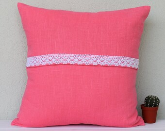 Rose linen pillow cover with lace, pink linen throw pillow cover, decorative linen envelope pillow cover