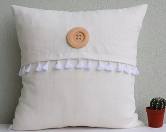 Off white linen pillow cover with pom pom, off white linen throw pillow cover with button, decorative linen envelope pillow cover