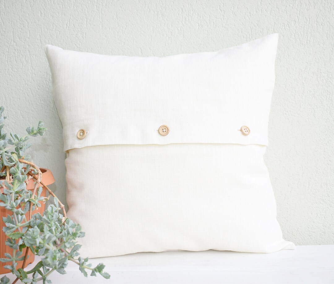 Off White Linen Pillow Cover With Wooden Buttons, off White Linen Throw